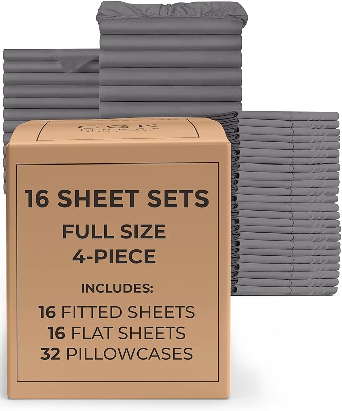 Bulk Case Pack of 16 Sheet Sets - (16) Complete Full Size Sheet Sets w/ Deep Pockets - Wholesale Bulk Bedding for Hotels, Spas & Airbnbs - Breathable, Cooling, Soft & Wrinkle Free - (Full, Dark Grey)