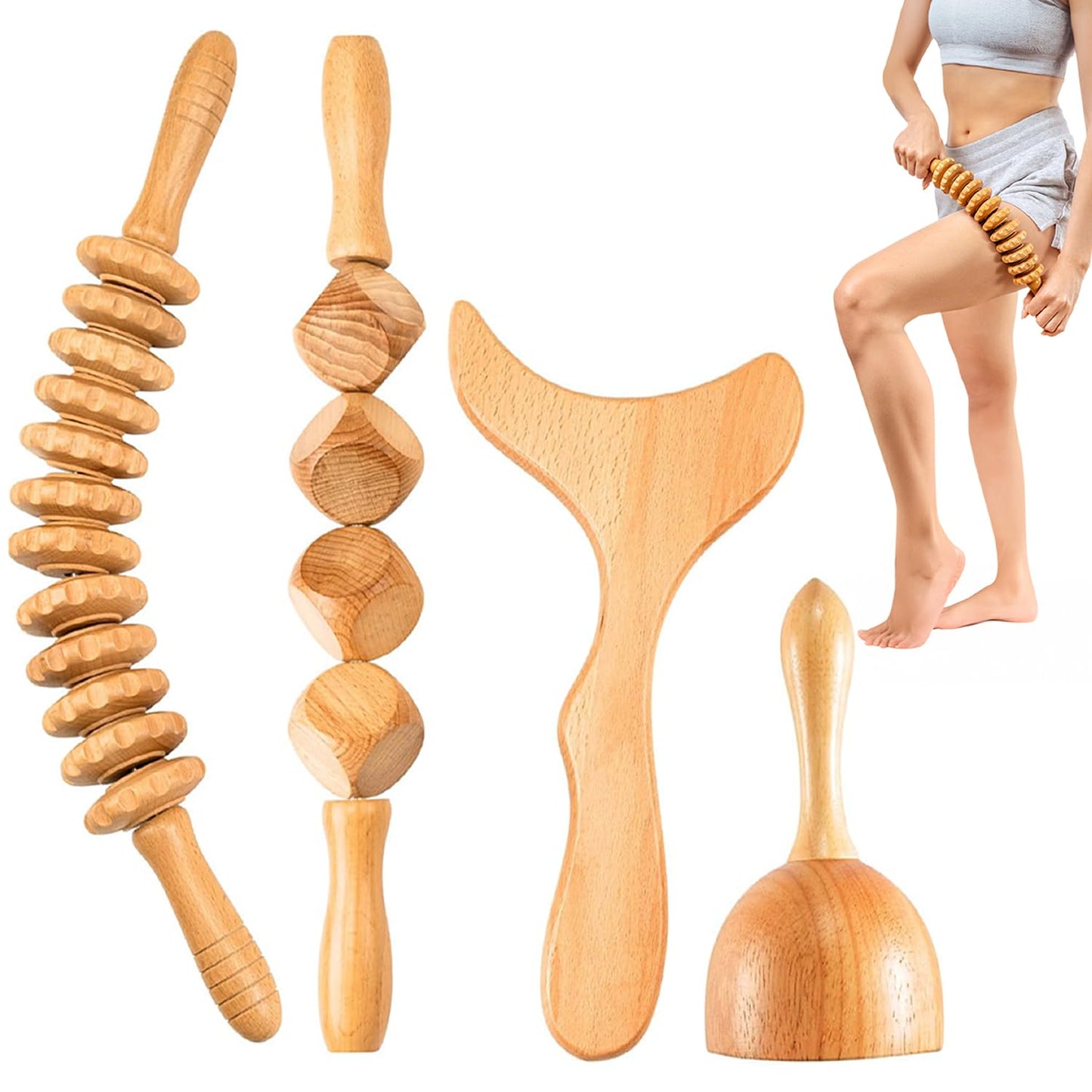 4 PCS Wood Therapy Massage Tools Set for Comfort, Body Sculpting, Lymphatic Drainage, and Muscle Pain Relief