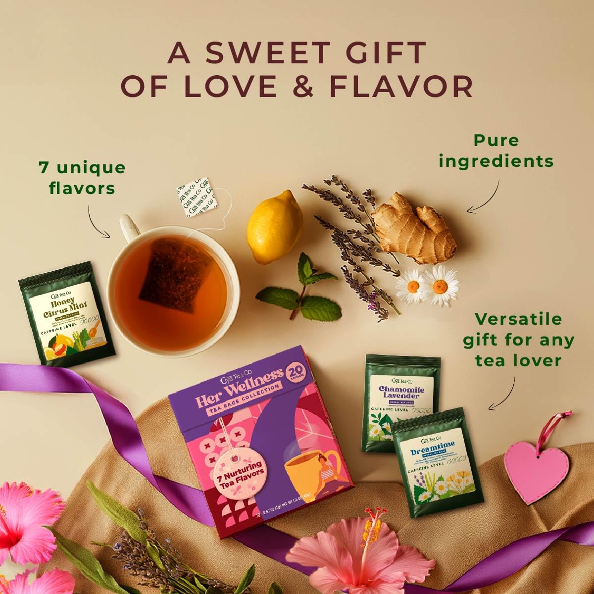 Gya Tea Co Her Wellness Tea Bags Collection (20 Bags) - 7 Flavors Assorted Tea Variety Pack Gift Set with Citrus Mint, Hibiscus, Chamomile & Ginger - Fruit & Herbal Blends