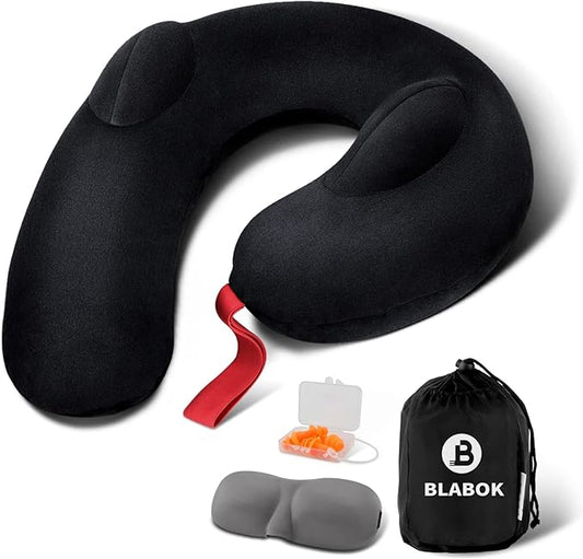 Inflatable Neck Pillow for Travel, Travel Pillow Support Head and Neck, Travel Neck Pillow for Airplane,Train,Car,Office,Home,Washable Cover (Black)