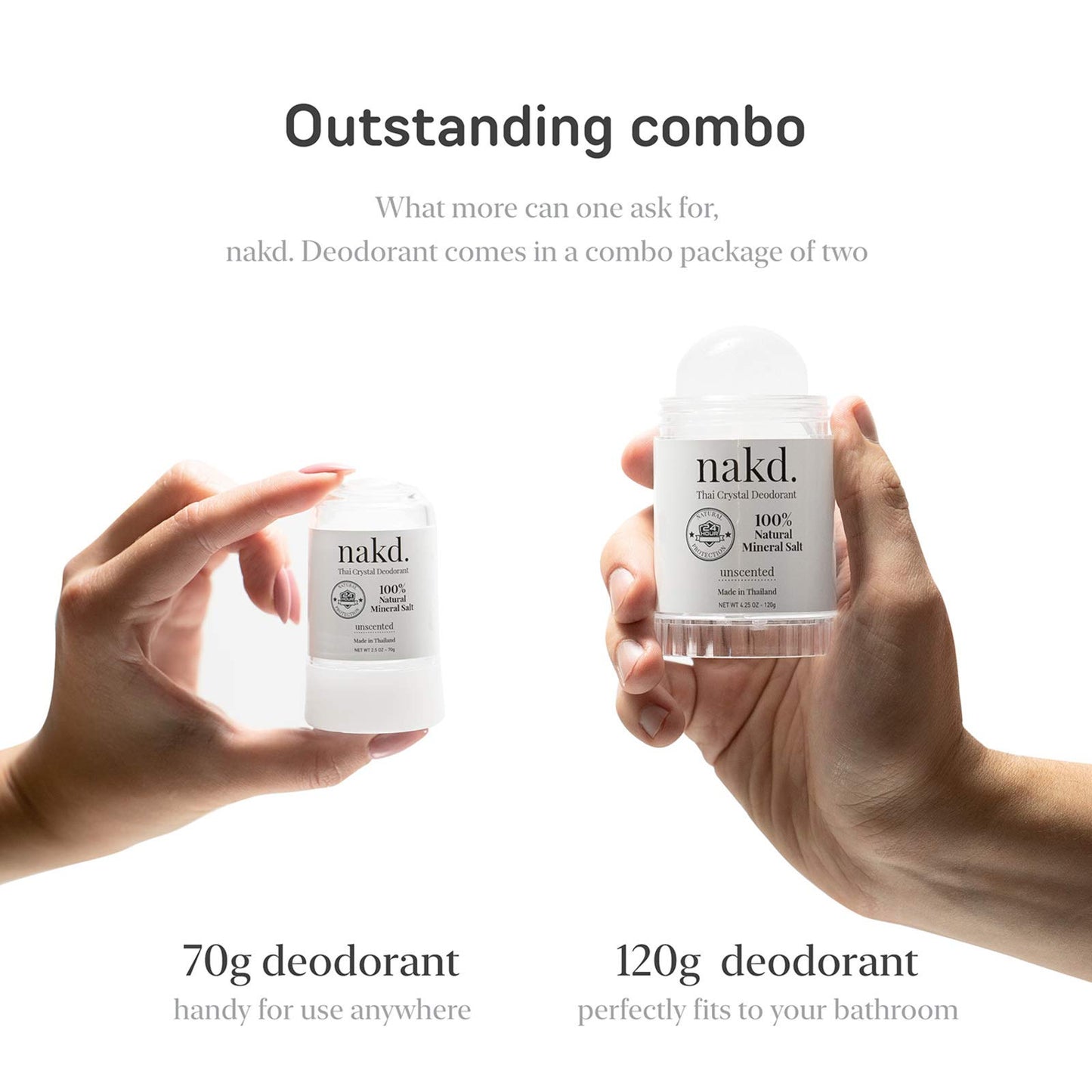 nakd. Thai Crystal Deodorant Stone – 2 Salt Crystal Deodorant Sticks, 4.25 oz. Regular + 2.5 oz. Travel Size – All Natural Unscented and Aluminum Free for Women & Men