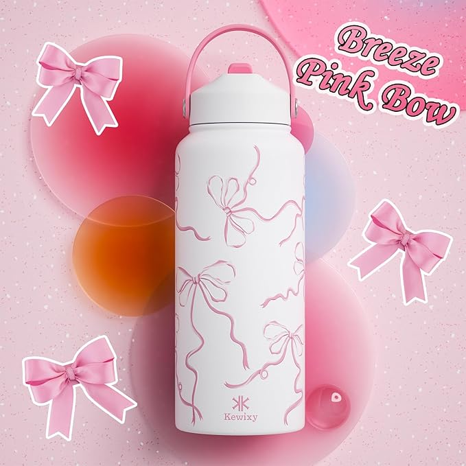 32 oz Insulated Water Bottle with Straw, Bow Water Bottle Stainless Steel with Flip Straw and Handle, Leak Proof, Metal, Reusable, Wide Mouth, for Travel, Gym and School (Breeze Pink Bow)