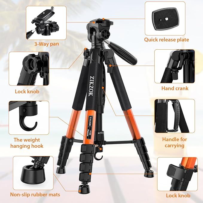 75inch Camera Tripod for ipad iPhone, Heavy Duty Aluminum Tripod with 360° Panoramic Ball Head,Compatible with Canon/Nikon/Sony DSLRs (Load 15 lbs for Travel/Live Streaming/Macro Shooting)