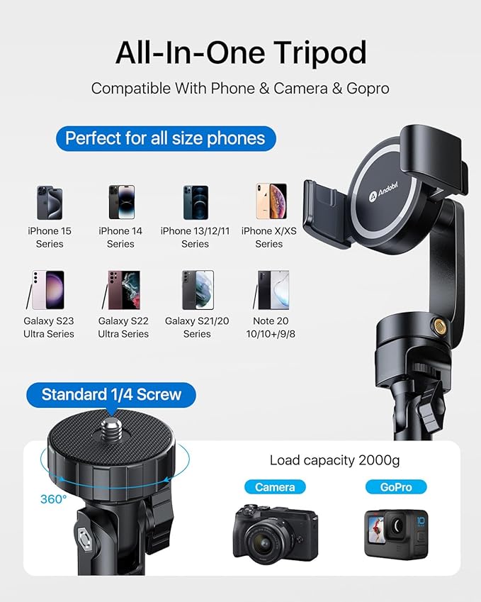 andobil MagStick Selfie Stick Tripod Compatible with MagSafe [Redefined Phone Tripod] 63.5" Extendable Magnetic Cell Phone Tripod Stand with Wireless Remote for iPhone 15 14 13 12 & All Phones