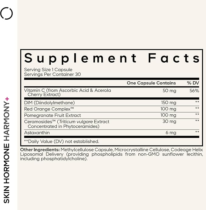 Codeage Skin Hormone Harmony+ Supplement – Skin Hair Support with Ceramosides, Red Orange Complex, Diindolylmethane, Astaxanthin, Vitamin C Ascorbic Acid, Liposomal Delivery – Non-GMO – 30 Capsules