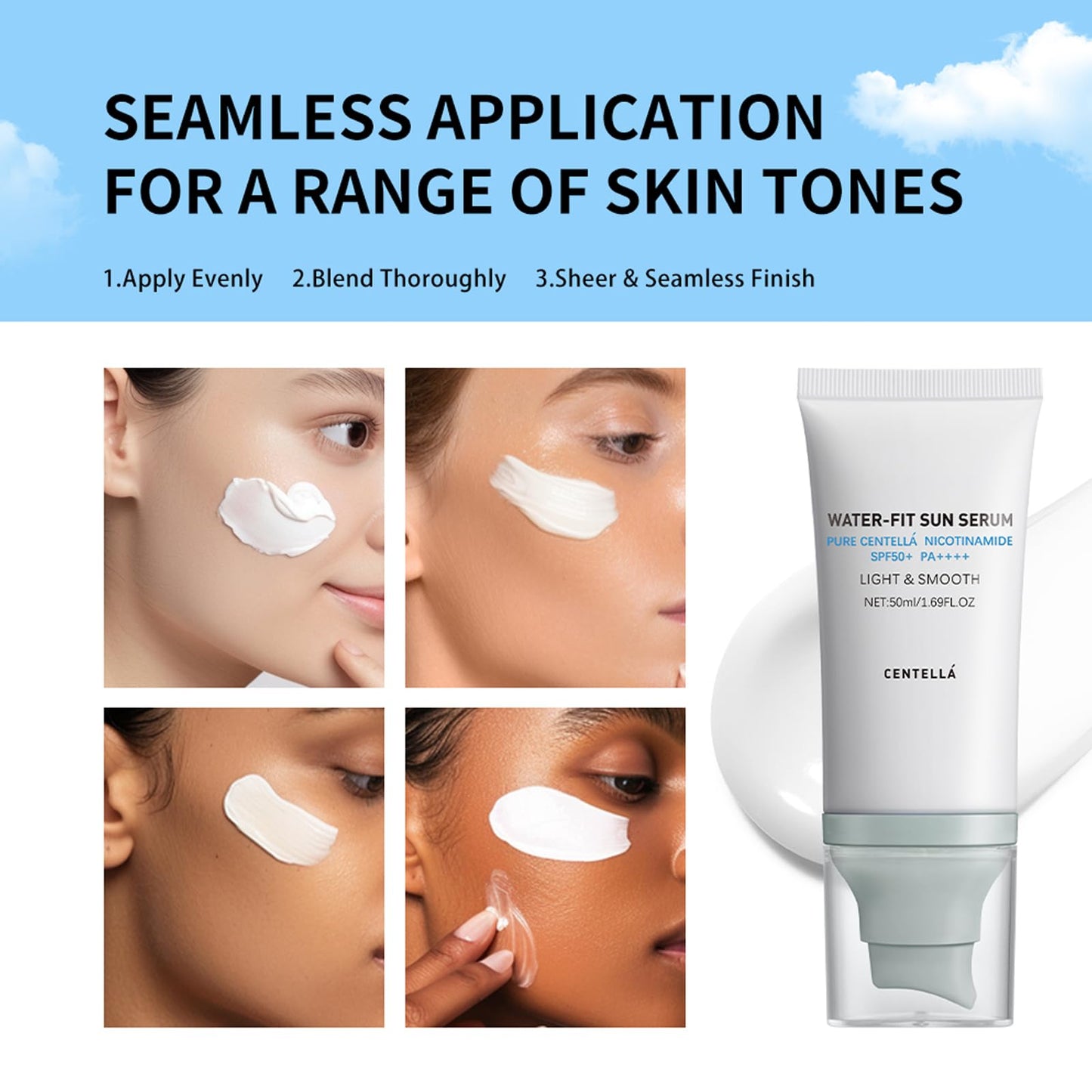 Centella Sunscreen SPF 50 PA++++, Korean Sunscreen Water-Fit Sun Serum, Face Sun Screen Long-Lasting, Hydrating & Non-Greasy Sun Protection for Sensitive Skin, Reef-Safe & Fast-Absorbing