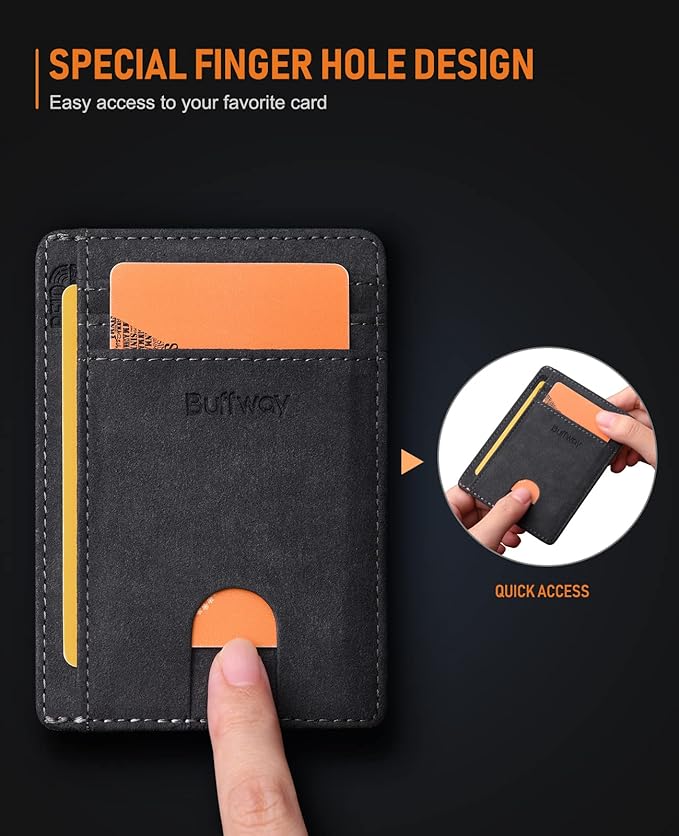 Buffway Slim Minimalist Front Pocket RFID Blocking Leather Wallets for Men and Women - At Sahara Carbon Black