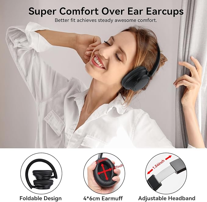 AUSDOM Hybrid Noise Cancelling Headphones: Wireless Bluetooth 5.4 Over Ear Headphones, Foldable ANC Headphone with Mic, 80H Playtime, Hi-Fi Audio, Deep Bass, Comfortable Earpad for Home Office Travel