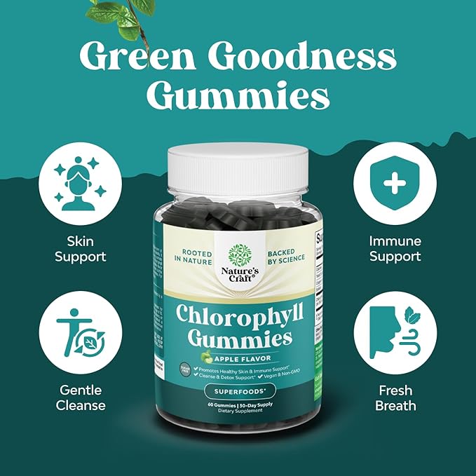 Chlorophyll Gummies for Cleanse & Detox Support - Potent Internal Deodorizer Chloropyll Supplements for Body Odor Healthy Skin Immunity & Digestive Support - Vegan Non-GMO & Gluten Free - 30 Days