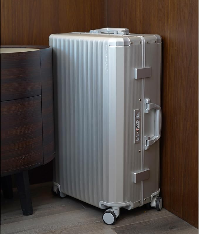 Carry-on Luggage: Silver 20 inch Aluminum-Made Hardshell Suitcase with Spinner Wheels - Zipperless - USB-C Port - TSA Locks - Weekend Getaways International travel Business