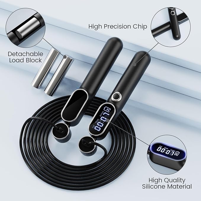 2 in 1 Smart Jump Rope with Digital Counter - Adjustable Cordless Skipping Rope for Weight Loss, Home Workout & Boxing Training 3 Modes (Speed/Calorie/Time) Gift for Women Men Kids (Black)