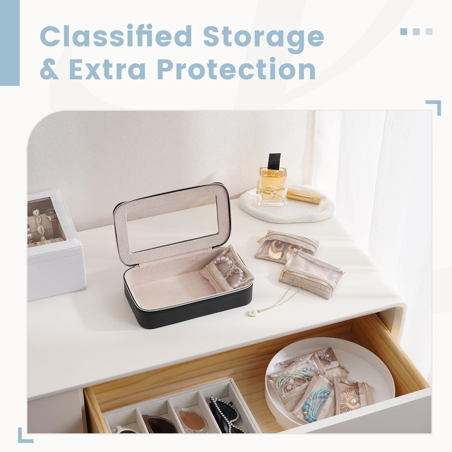 Lolalet 8 in 1 Travel Jewelry Case with Velvet Pouches, Clear Window Travel Jewelry Organizer Bags for Earrings, Bracelets, Necklaces and Rings, Compact Jewelry Storage for Women Girls- Black, 7PCS