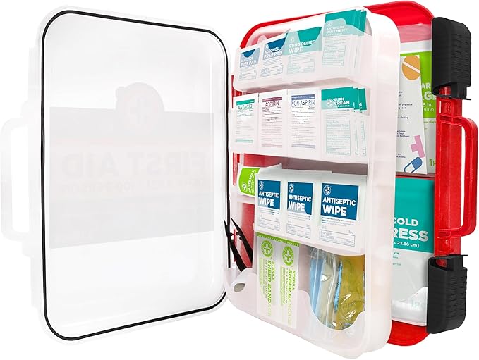 Be Smart Get Prepared First Aid Kit Hard Red Case 326 Pieces Exceeds OSHA and ANSI Guidelines 100 People - Office, Home, Car, School, Emergency, Survival, Camping, Hunting and Sports (20HBC01015REV3)