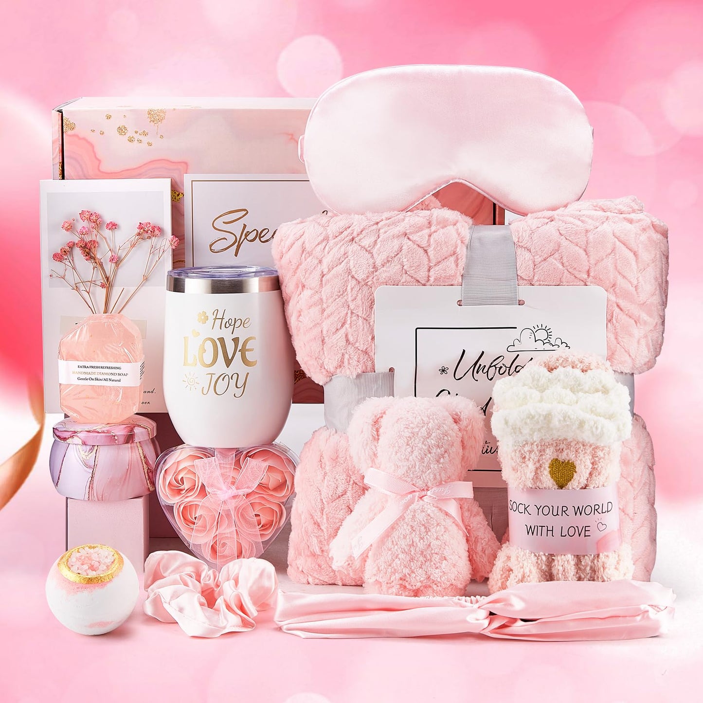 LuckyBundle Birthday Gifts for Women - Luxury Self Care Gift Basket for Her, Mom, Sister, Bestied Coworker - Unique Spa Care Package with Flannel Blanket - Ideal for Mother's Day, Get Well Soon