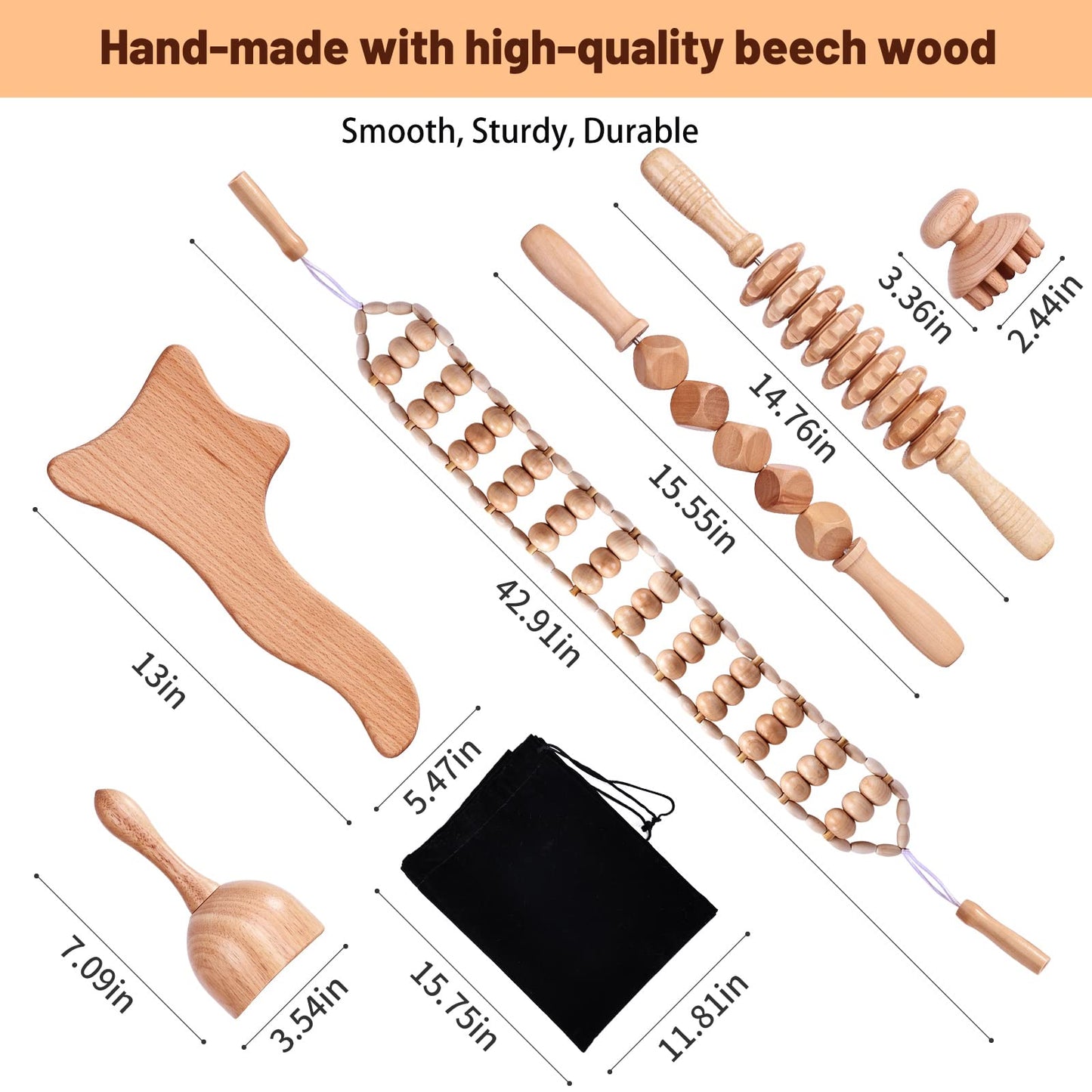 6 Pcs Wood Therapy Massage Tools, Meifuly Professional Complete Maderotherapia Wooden Massager Kit for Body Shaping, Lymphatic Drainage, Muscle Pain Relief, Anti-Cellulite (with Storage Bag)