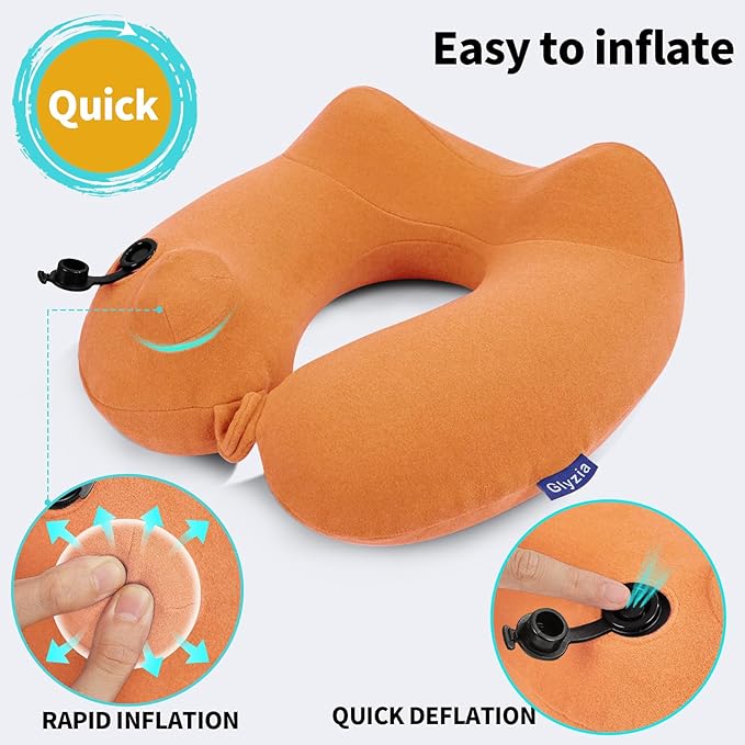 2 Pack Inflatable Travel Neck Pillows for Airplanes, Head Support Velvet Adult Neck Pillows for Long Flight, Kit with Eye Mask, Earplugs and Storage Bag, 2, Orange
