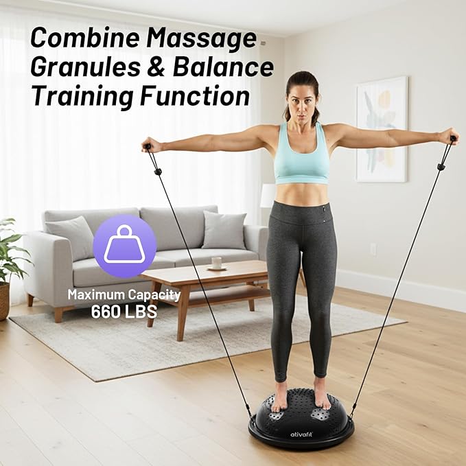 ATIVAFIT Half Exercise Ball with Massage Granules, resistance Bands Balance Ball Balance Trainer for Home Gym Full Body Workouts Half Ball Balance Trainer For Men Women