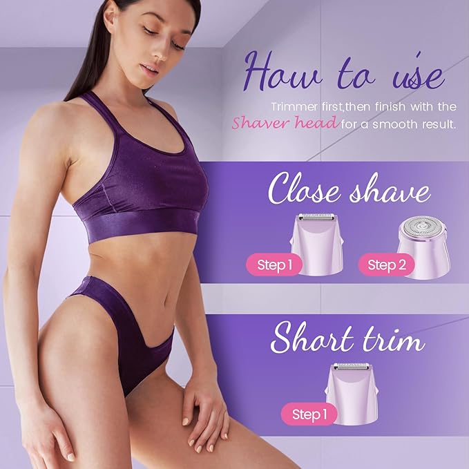 Bikini Trimmer for Women 2 in 1 Electric Razor for Women Face - Wet and Dry Electric Lady Shaver, Smooth Facial Hair Remover and Body Hair Trimmer for Bikini Leg Underarm Face Private Area, Purple