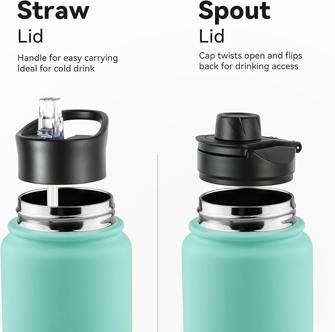 16 oz Insulated Water Bottle with Straw Lids, Stainless Steel Kids Water Bottles for School, Double Wall Vacuum Metal Water Bottle with Straw & Wide Mouth Lid, Gradient Green 1 Pack