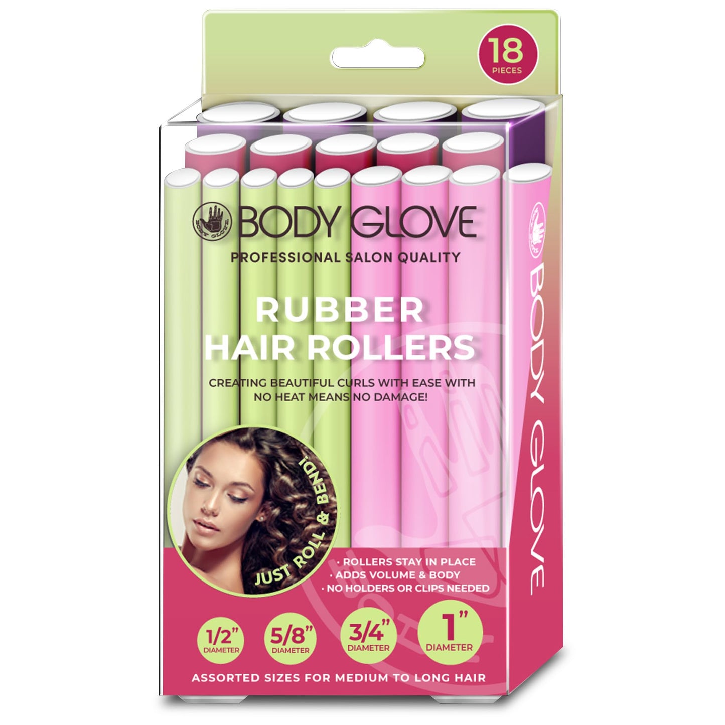 Body Glove Flexi Rods Foam Hair Rollers Medium to Large Size Professional Salon Quality 18 Pcs Rubber Hair Rollers For Medium to Long Hair (Multi-color)