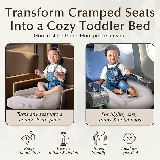 Luxury Toddler Airplane Bed – Travel Bed Seat Extender for Kids with Carry Bag, Air Pump, Pillow & Blanket – Portable Toddler Air Mattress, Travel Essentials for Airplane Seats (Beige)