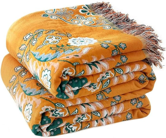 Boho Throw Blanket for Bed 100% Cotton Ultra Soft Rustic Quilt Floral Printed Farmhouse Decor Bed Fall Blanket,60"×80" All Season Rustic Large Throw for Sofa Couch Chair