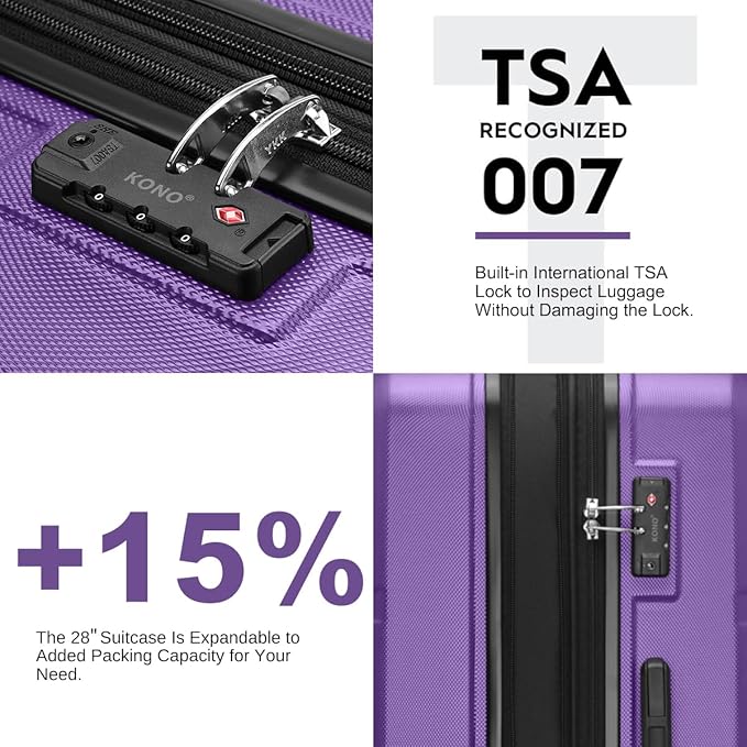 Kono 4 Piece Luggage Sets Expandable(only 28") Lightweight with Spinner Wheels TSA Lock Hardside Travel Rolling Suitcases 20in 24in 28in Carry on and 12in Mini Cosmetic Case Purple