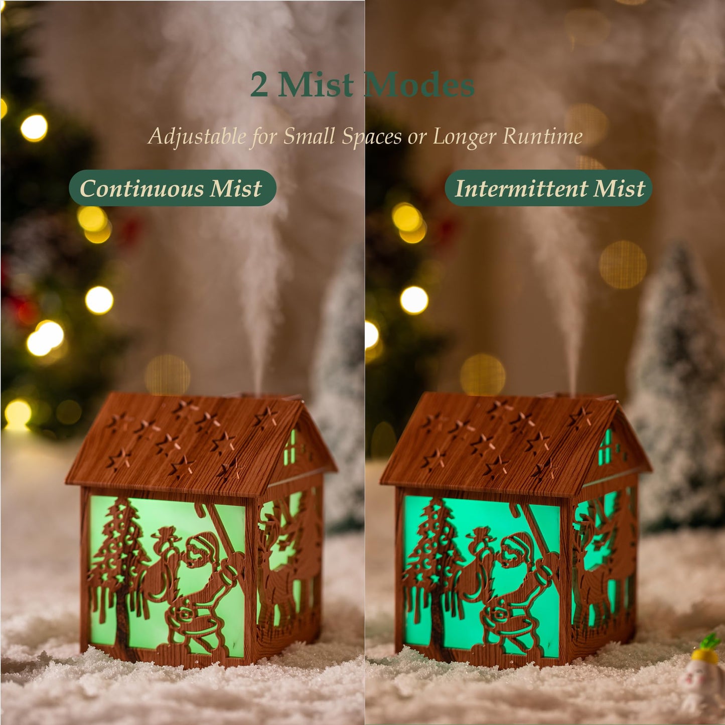 Mini Christmas Humidifier, 240ml Cool Mist Wooden House Humidifier with Santa Silhouette, 7-Color LED Lights, USB Powered, Quiet & Auto Shut-Off for Bedroom Home Office (Light Wood)