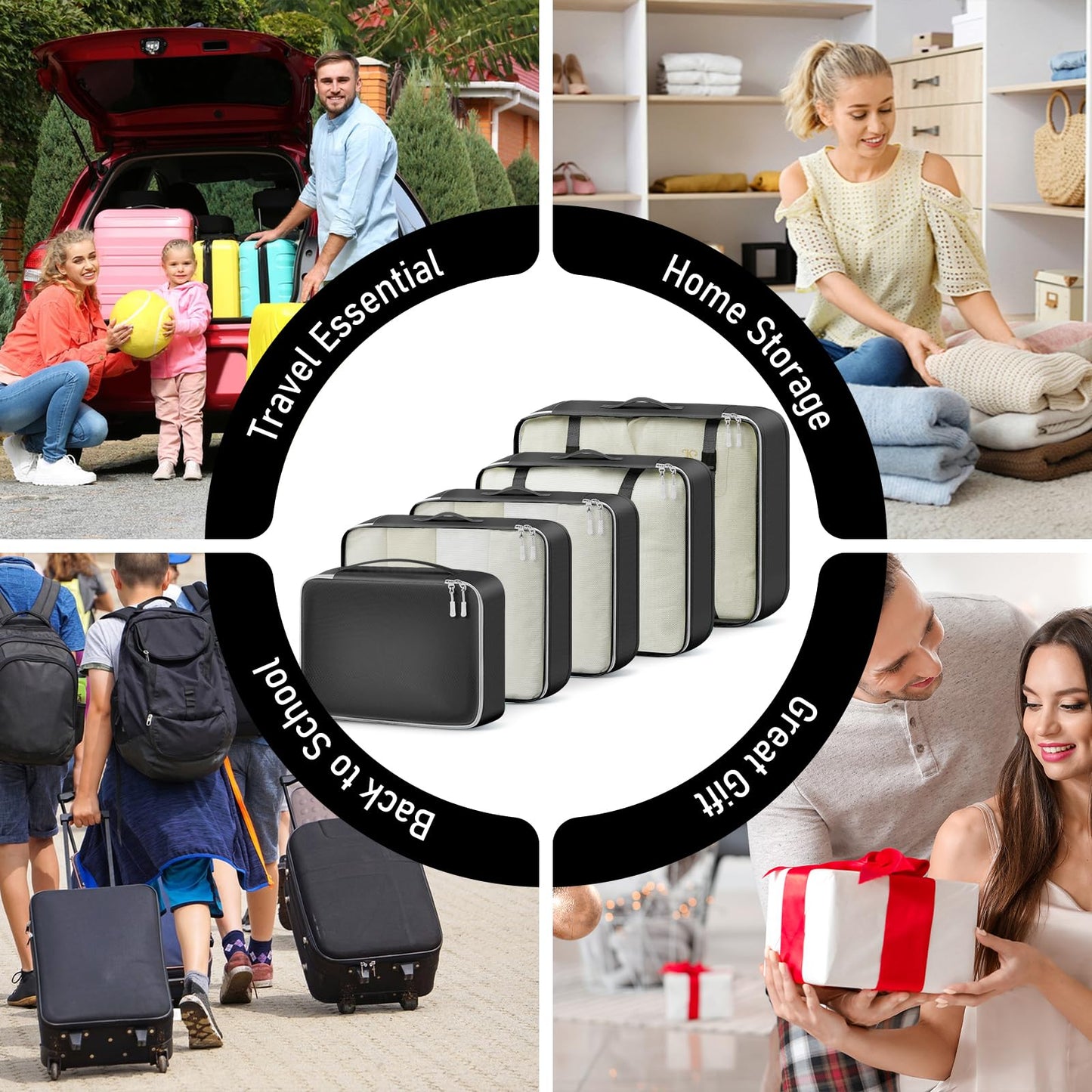 Lemoobolsa 5 Set Packing Cubes For Travel Essentials, Luggage Packing Organization Cubes Suitcase Organizer Bags Set For Luggage Travel Packing Cubes For Suitcases Durable (5 Pcs, Black)