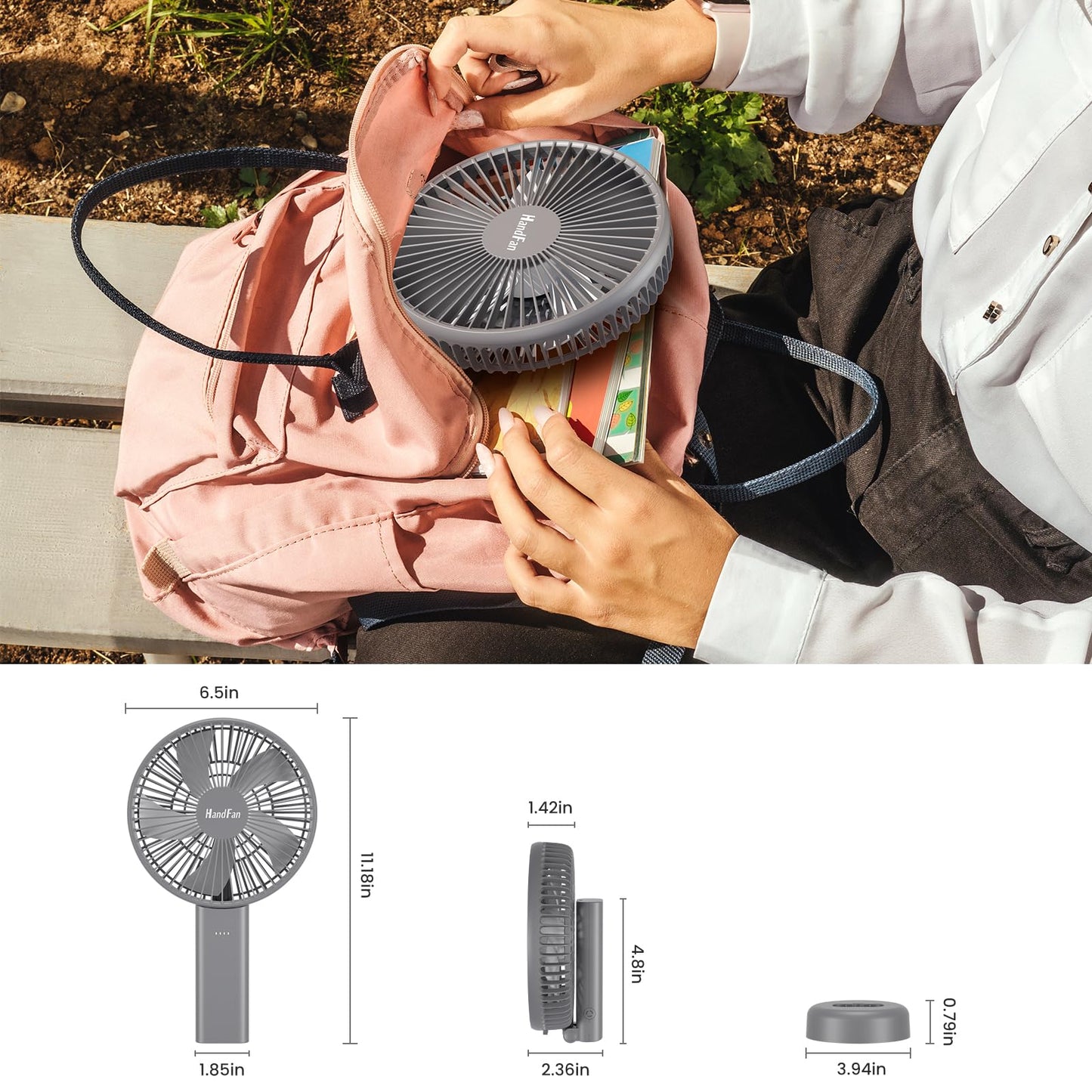 HandFan 6 Inch Handheld Fan with 4000mAh Battery 6 Speed Personal Fan, Strong Airflow, Cooling Desk Removable Base Design, 5-34H Working Time, 180° Foldable for Travel Outdoor Office Household(grey)