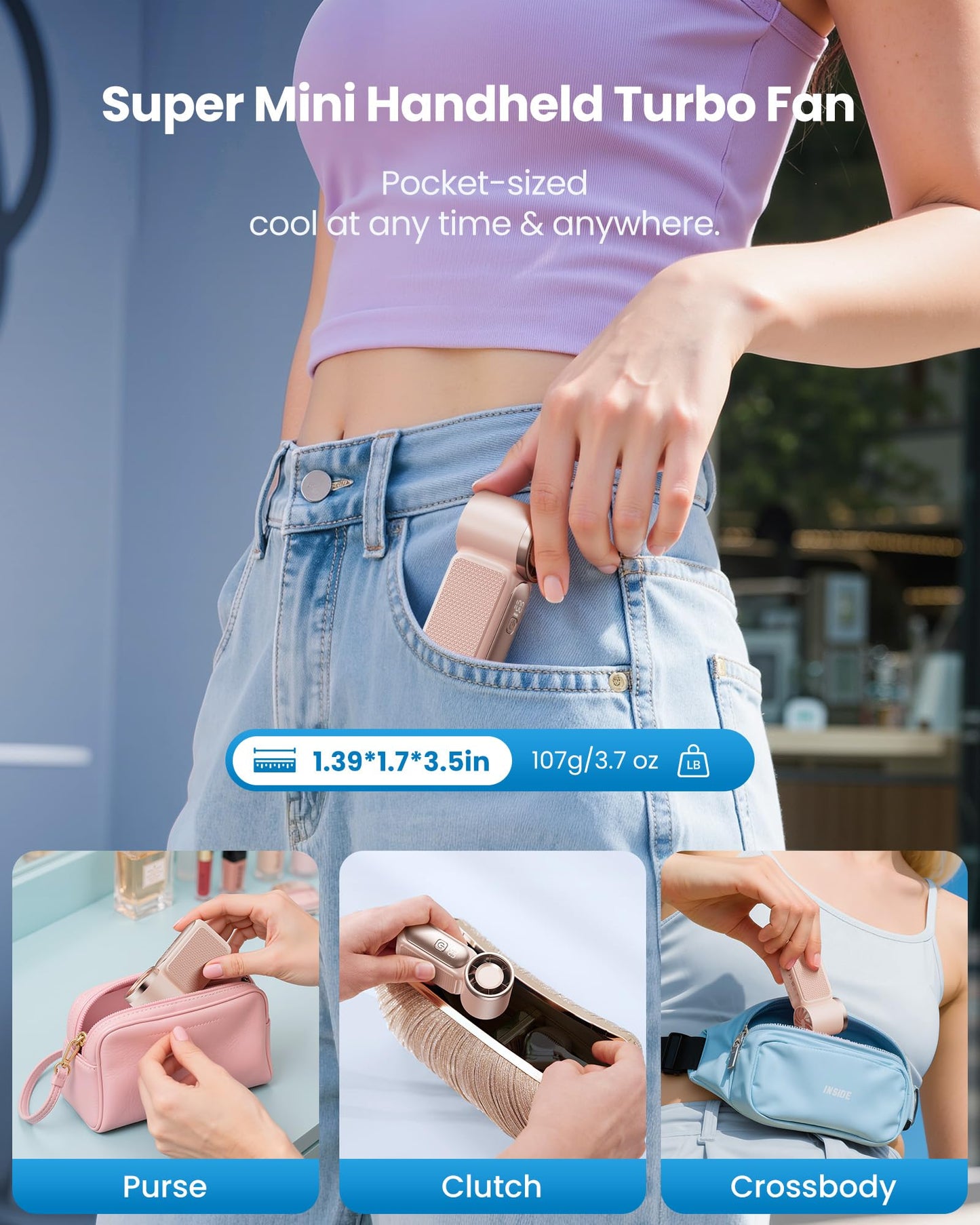 Gaiatop Portable Handheld Mini Fan, 6 Speeds 16900 RPM High Velocity Personal Fan with LED Display, USB Rechargeable, Mini Fan with Lanyard for Makeup, Travel, Outdoor, Gift for Women Girl, Pink