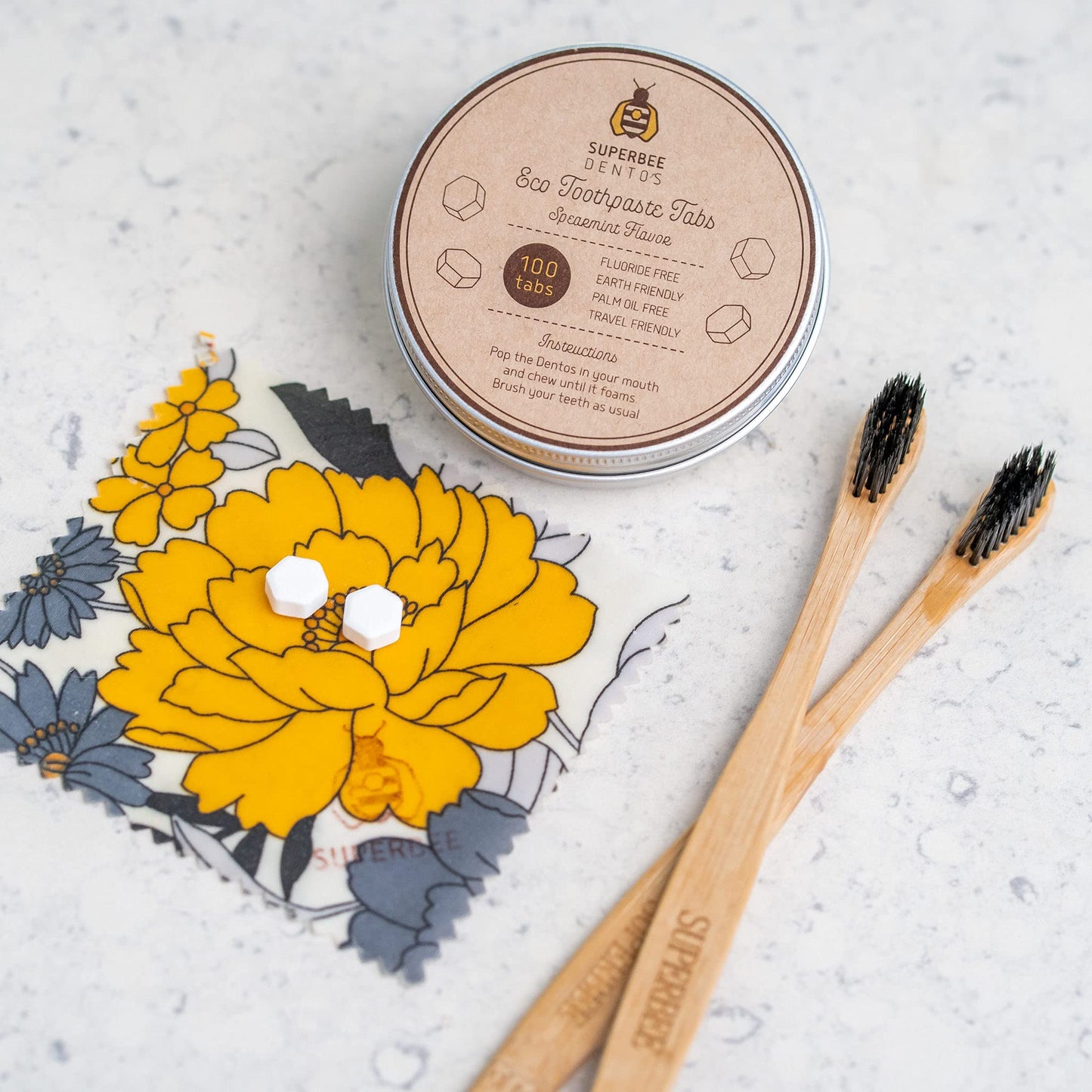 SuperBee Dentos Toothpaste Tablets, 100 Tabs, Fluoride Free & Eco Friendly, Travel Mouthwash Tablets, Sensitive Bites Kids Adults, Chewable Tablet, Spearmint