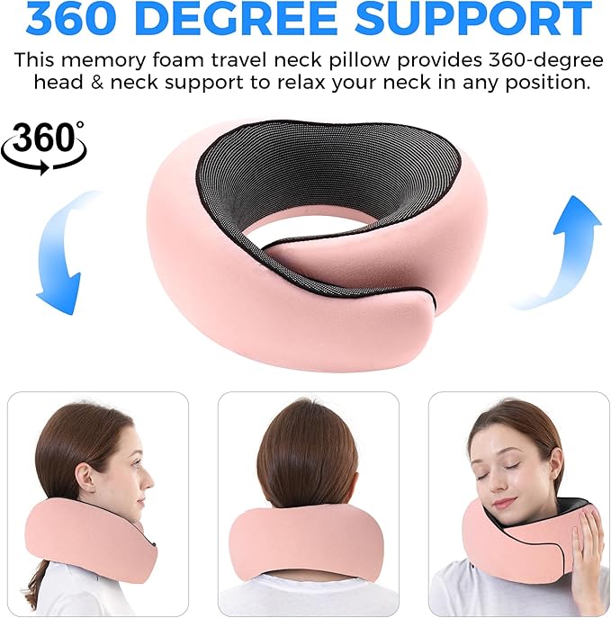 Travel Pillow,Travel Neck Pillows for Airplanes,Comfortable Breathable Cover,Memory Foam 360 Degree Support Stowable Pillows,Ideal Accessory for Sleeping Offices and Cars (Pink)