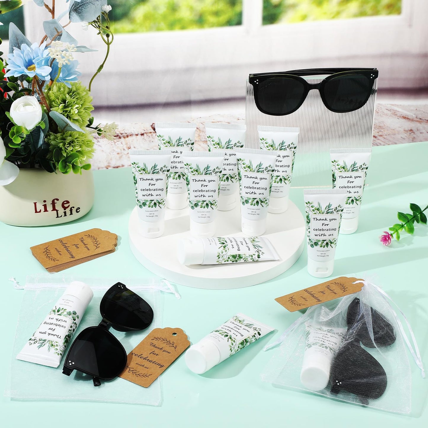 Dansib 12 Sets Mini Sunscreen and Sunglasses Bulk for Wedding Party Spf30 Water Resistant Sunscreen Lotion Bulk 1oz Travel Size for Thank You Gifts Wedding Party Supplies (Eucalyptus)