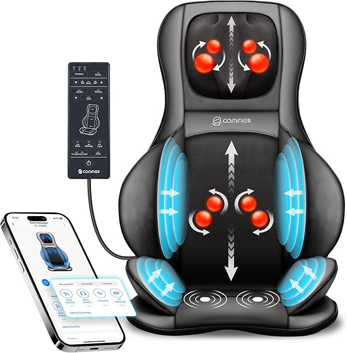 COMFIER Shiatsu Neck Back Massager with Heat,2D/3D Massage Chair Pad with App Control,Deep Tissue Kneading Massage Chair Pad with Compression,Chair Massager for Full Body,Gifts for Mom,Dad, Black