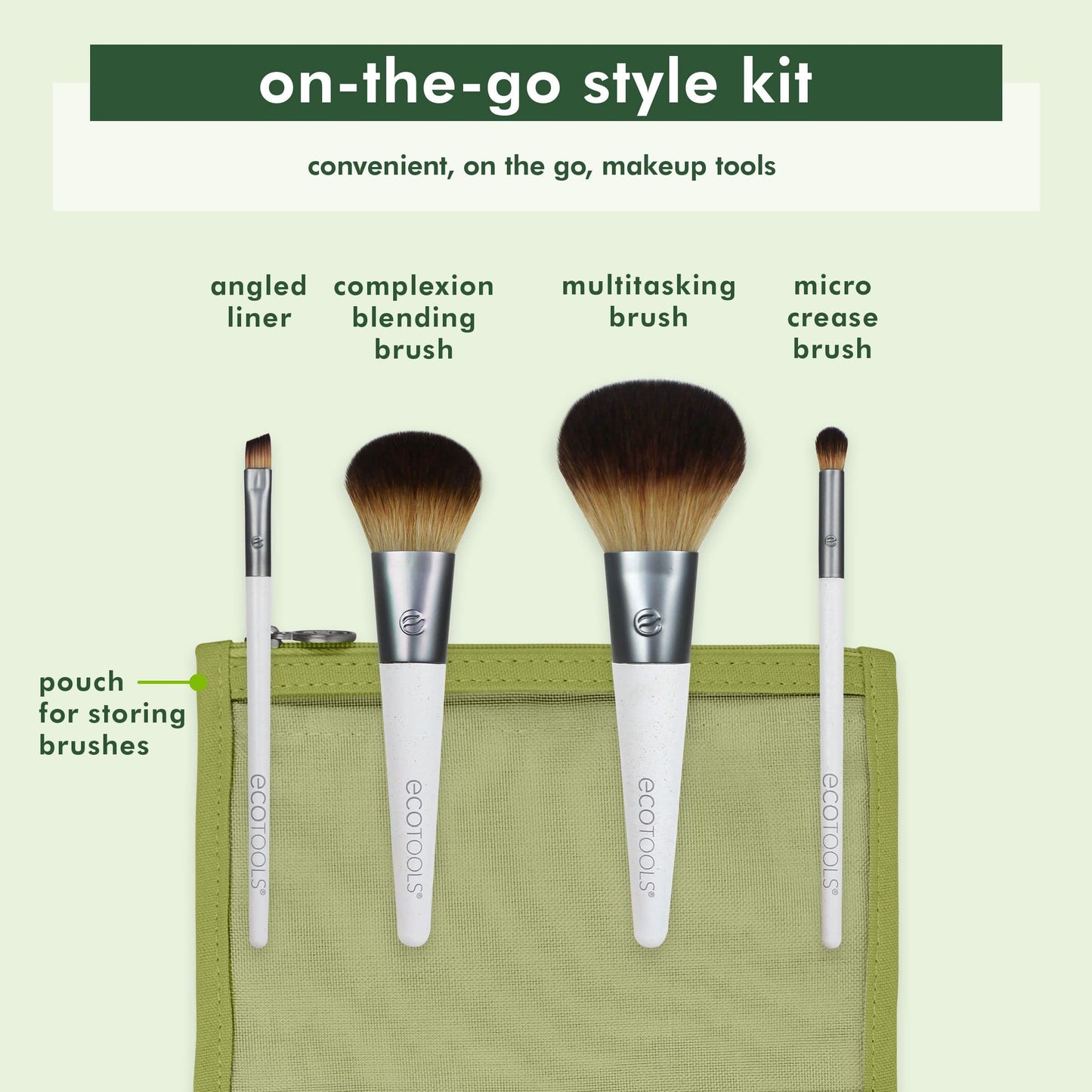 EcoTools On-The-Go Makeup Brush Kit, Travel-Friendly Brush Set, Mini-Size Makeup Tools for Powders, Blush, Bronzer, & Eyeshadows, Eco-Friendly, Synthetic Bristles, Cruelty-Free & Vegan, 5 Piece Set