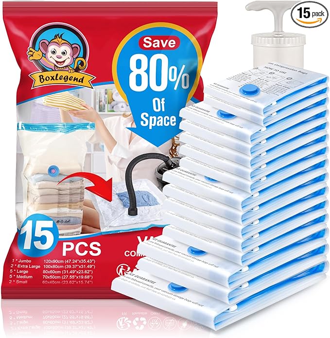 BoxLegend Vacuum Storage Bags with Large Hand Pump 15 Combo (1X-Jumbo, 2 Jumbo, 5 Large, 5 Medium, 2 Small) Thickened Vacuum Seal Bags for Clothing Pillow Comforters Bedding,1 Large Pump