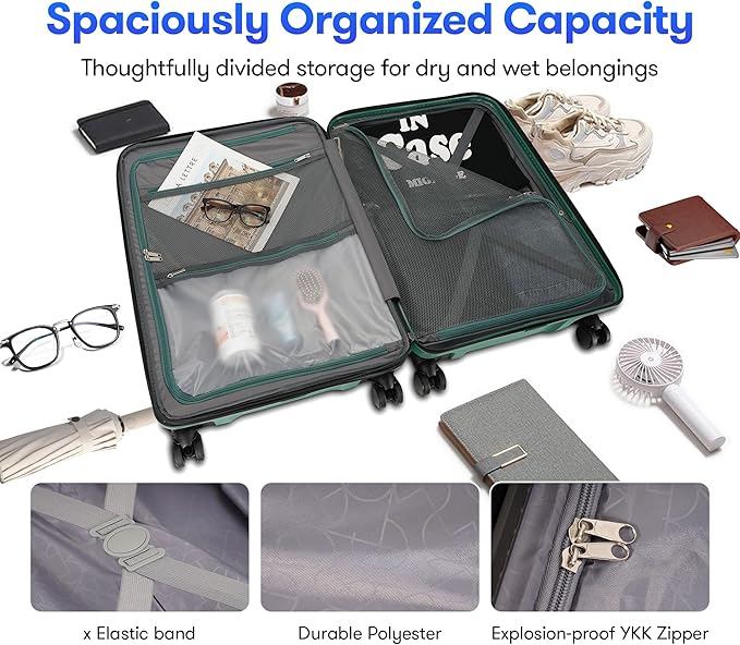 25 Inch Medium Checked Luggage Lightweight Suitcase with Spinner Wheels TSA Lock, Green