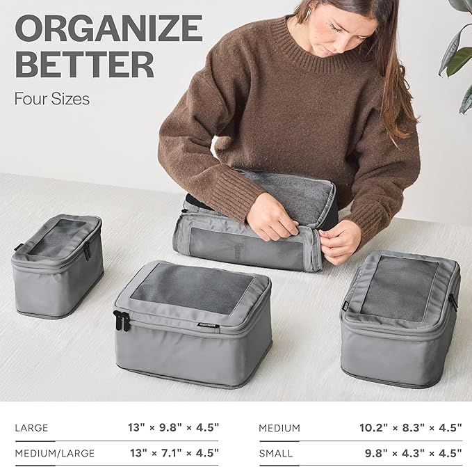 Compression Packing Cubes for Travel - Luggage Organizer Bags - Double Zipper Packing Cubes for Suitcases (4-Pack, Dark Grey)