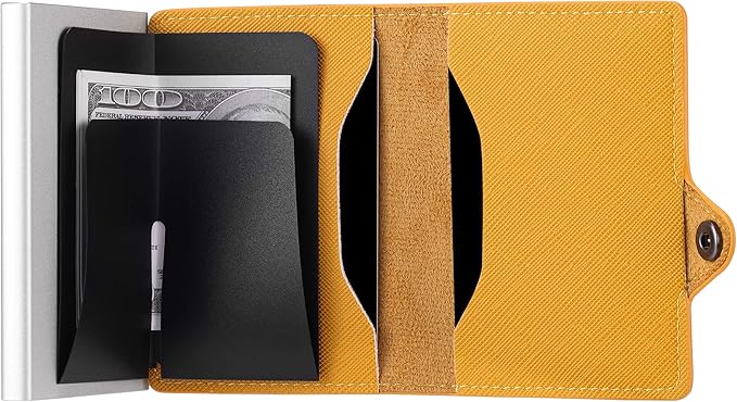 Card Blocr Womens Slim Wallet for Small Purses, Pop Up Wallet with Anti Theft RFID Blocking Credit Card Holder for Women in Orange PU Saffiano Leather