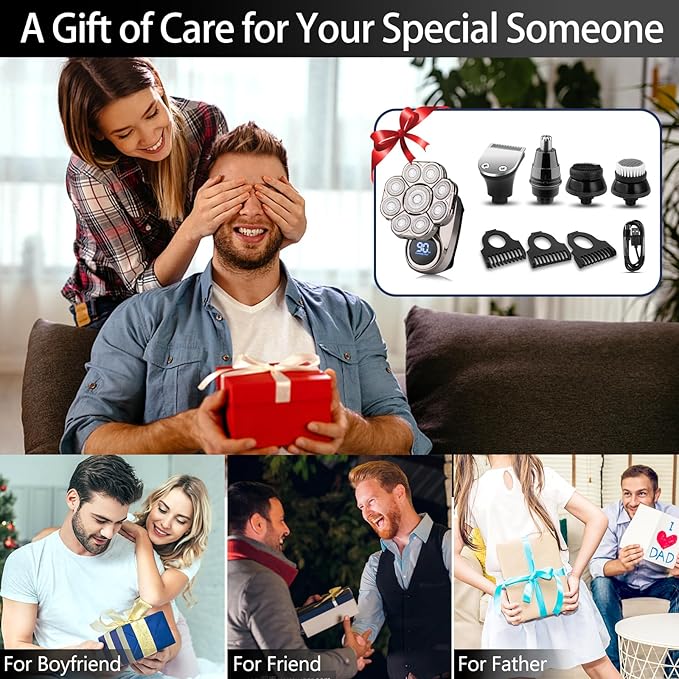 9D Electric Head Shaver for Bald Men, Upgraded 5-in-1 Head Shaver for Bald Men, Waterproof Wet/Dry Grooming Kit Electric Shaver for Men, Cordless Rechargeable Bald Head Razor for Home&Travel