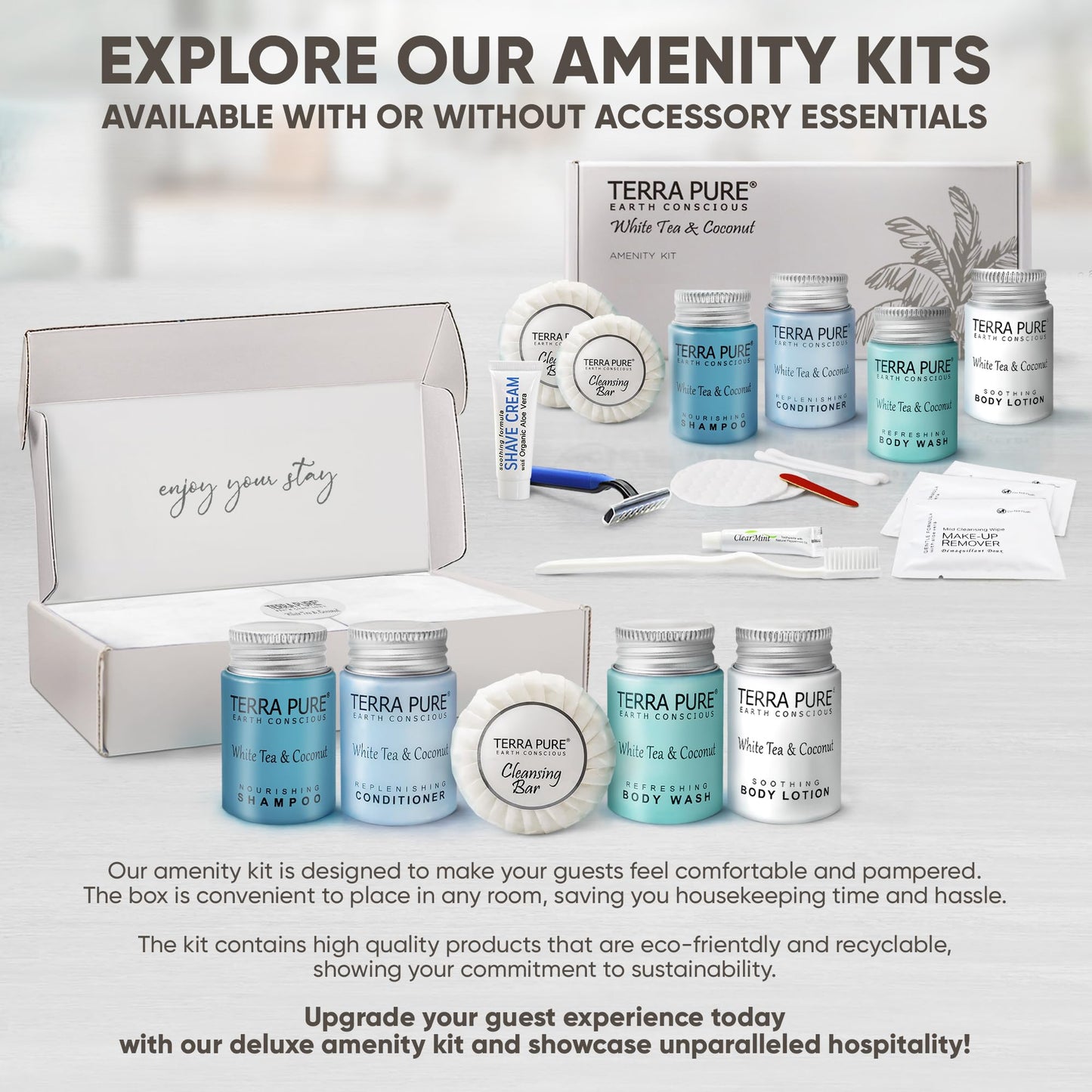 Terra Pure White Tea & Coconut Amenity Kit | Hotel Bulk Toiletries | 1 oz Shampoo, Conditioner, Lotion, Body Wash, Cleansing Bar for Guest Hospitality Vacation Rentals | 1 Set/Case