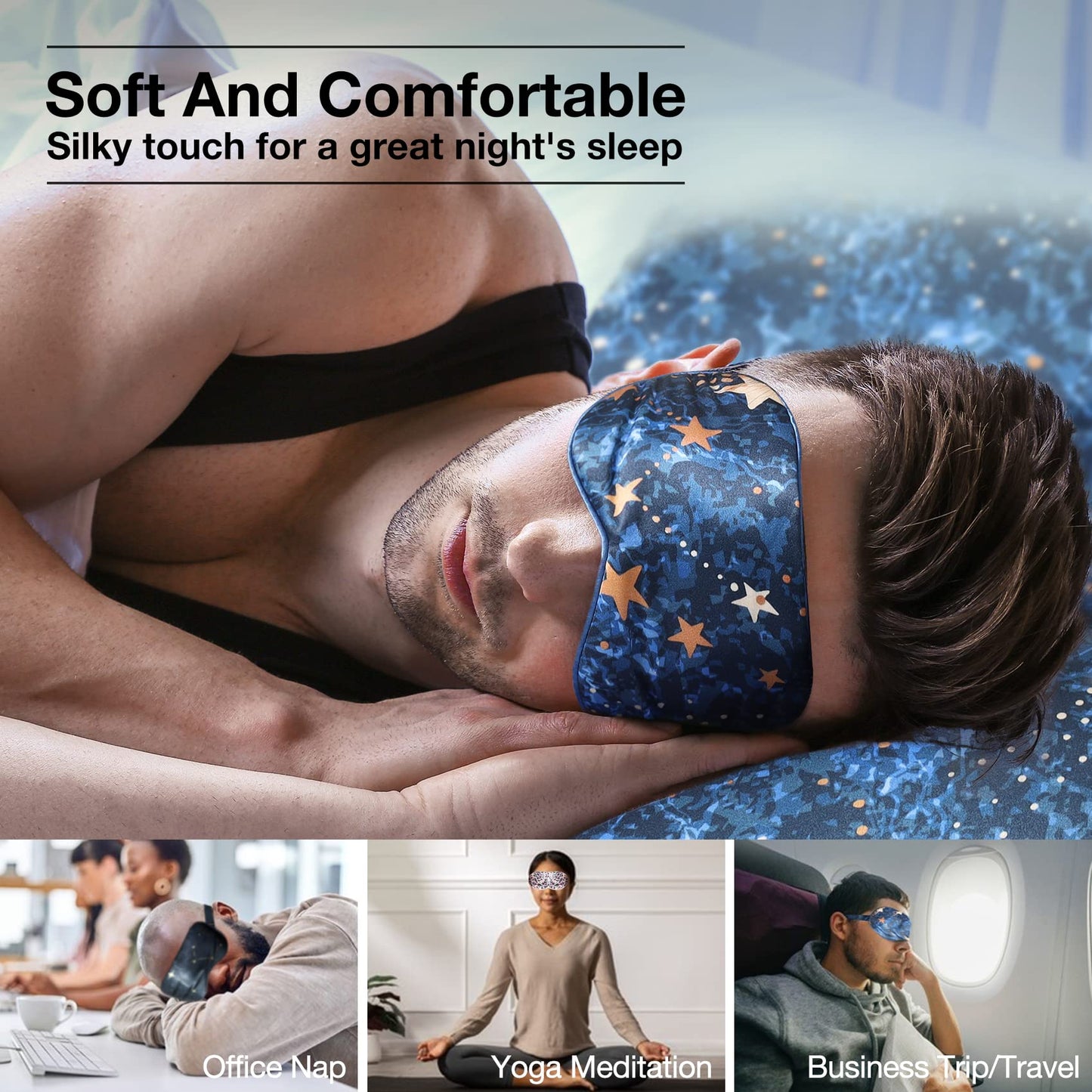 MANSPHIL 100% Mulberry Silk Eye Mask for Sleeping, Blue Galaxy Printed Silk Filled Sleep Mask for Travel, Nap. Lightweight