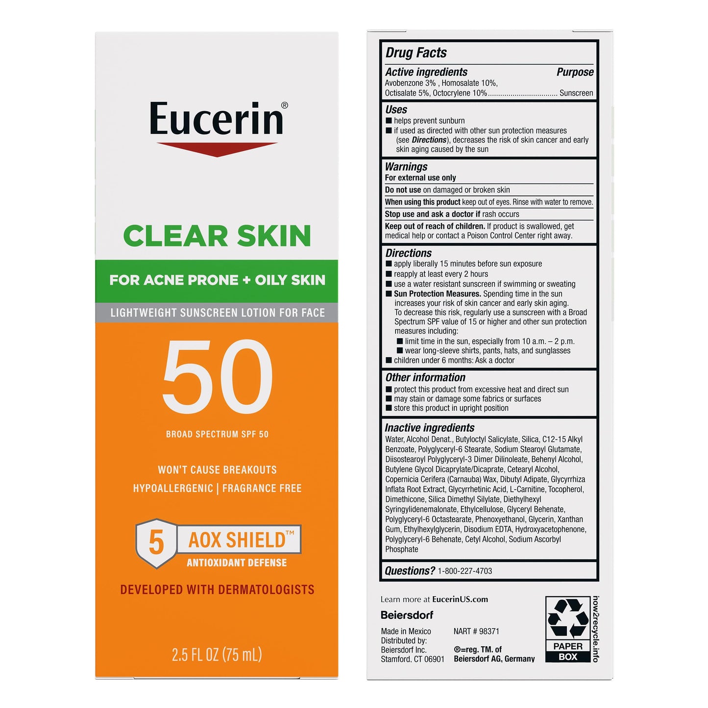 Eucerin Sun Clear Skin Face Sunscreen Lotion SPF 50 for Acne Prone Skin, Hypoallergenic, Fragrance Free Sunscreen SPF 50 with Oil-Absorbing Minerals, 2.5 Fl Oz Bottle