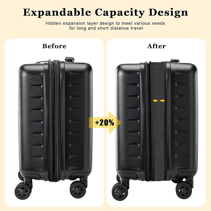 16 Inch Carry On Luggage Airline Approved, Expandable Lightweight ABS+PC Hard Shell Suitcases with 360° Spinner Wheels, TSA Lock, YKK Zippers (Black)