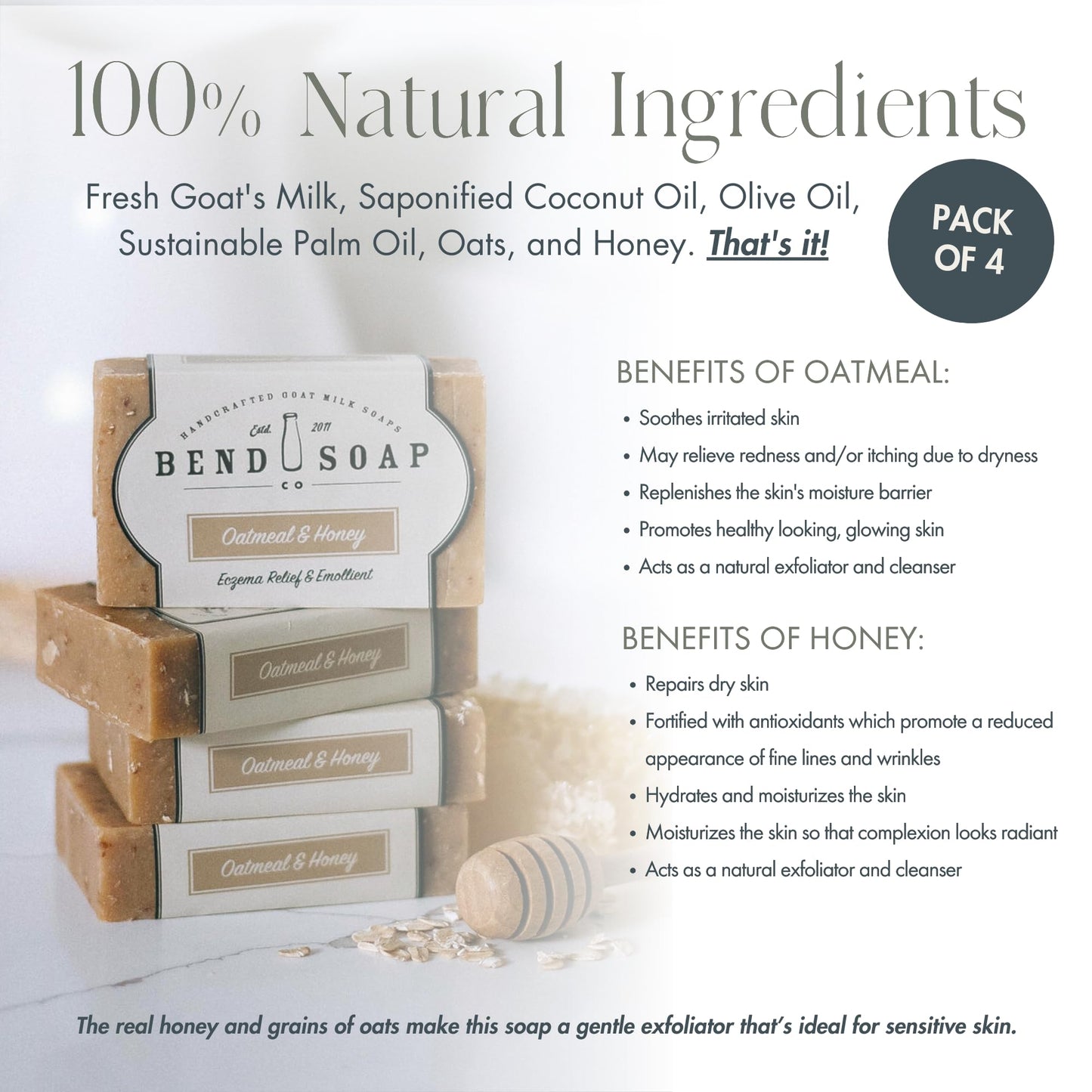 Bend Soap Company All Natural Handmade Goat Milk Soap for Dry Skin Relief, Oatmeal & Honey, 4.5 oz 4 pack