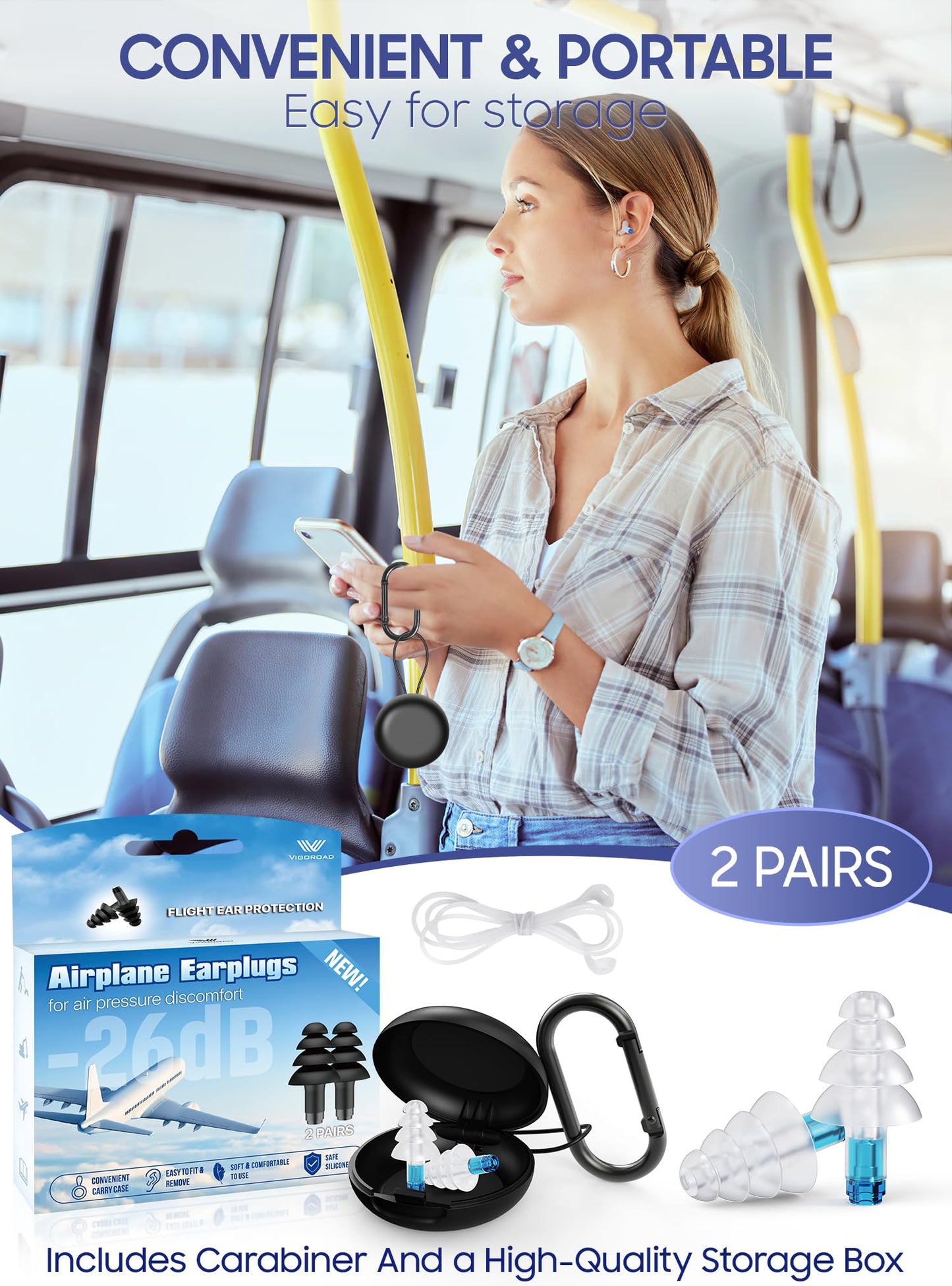 Ear Plugs for Airplane Pressure Relief, 2 Pairs Adults Soft Silicone Reusable Airplane Earplugs 26dB, with Silicone Connector Cord, Travel Essentials for Flying, Ear Protection Earplugs for Plane