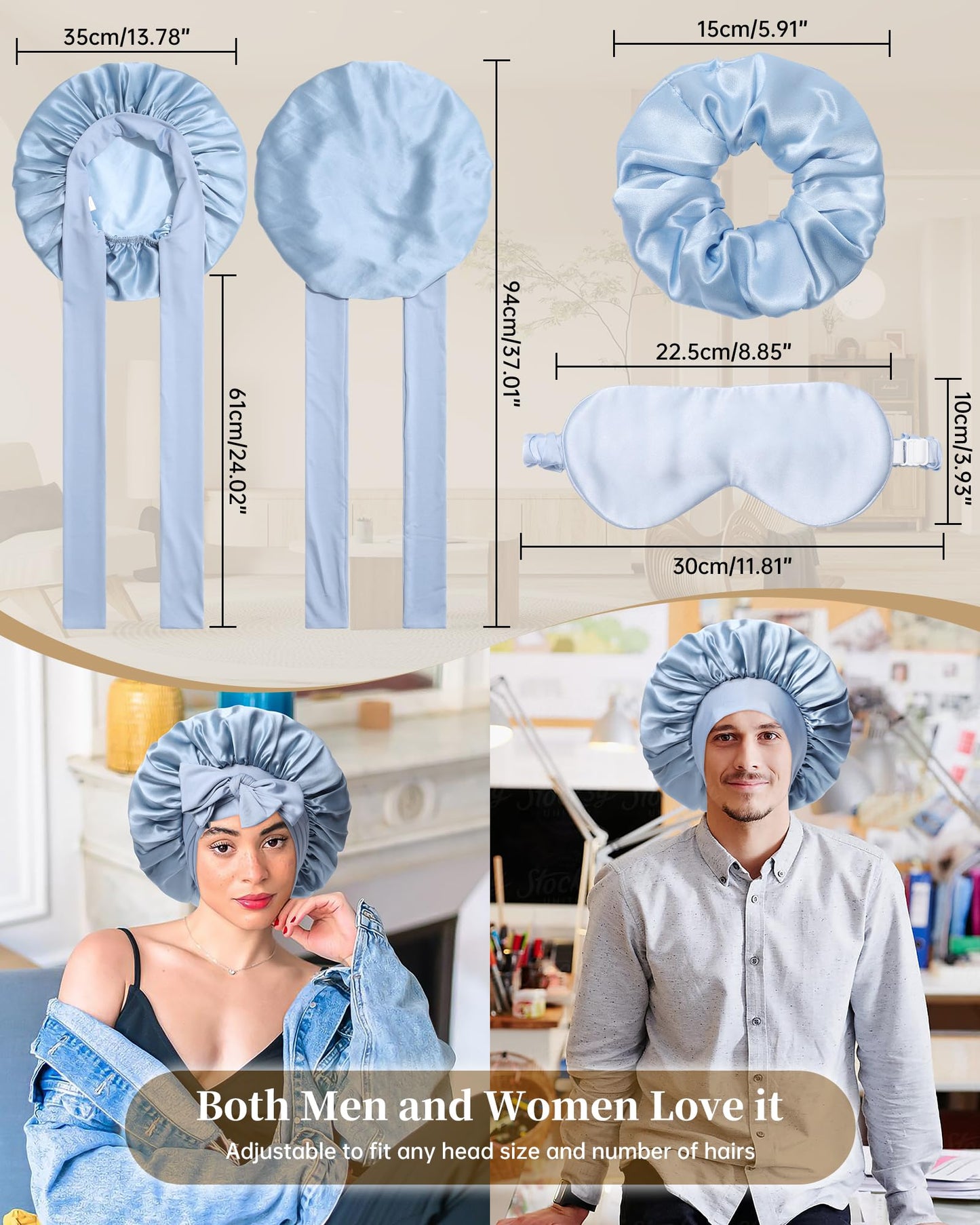 100% Mulberry Silk Bonnet for Sleeping Women Silk Hair Bonnet Elastic Tie Band with Silk Hair Scrunchies Silk Sleep Eye Mask(Mist Blue+Sky Blue)