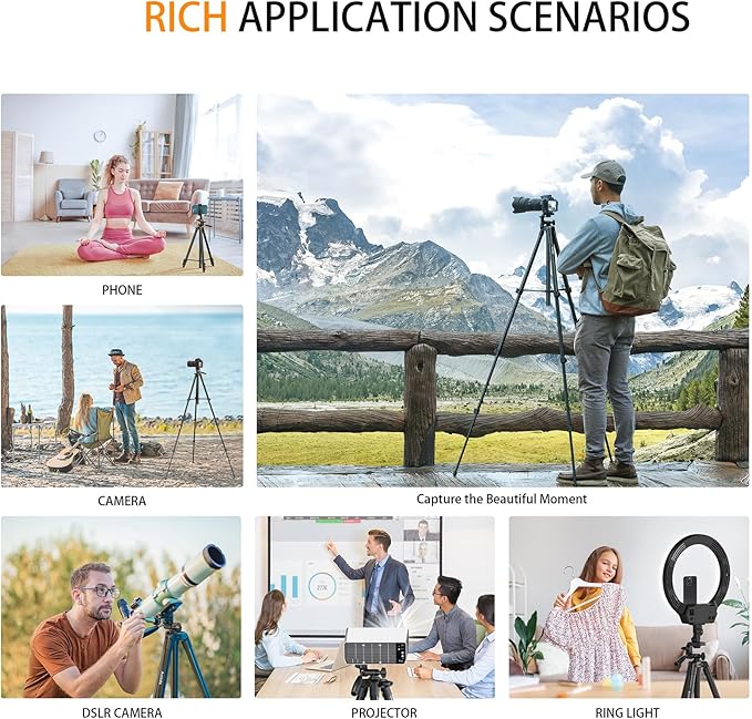 60″ Camera Tripod Lightweight Travel Tripod Stand Compatible with Canon Nikon DSLR Cameras with Wireless Remote Phone Holder and Bag Max Load 6.6 LB Black