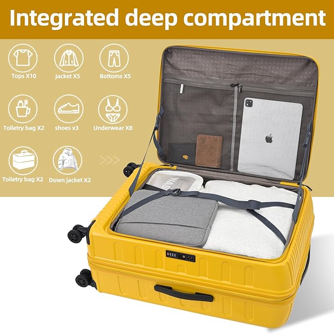 2 Pieces 20/29 Luggage Sets, 20 Inch Cabin Luggage with Front Pocket & 29 Inch Side Opening Suitcase, Ligthweight ABS+PC Hardshell, TSA Lock with HINOMOTO 360° Wheels, Yellow